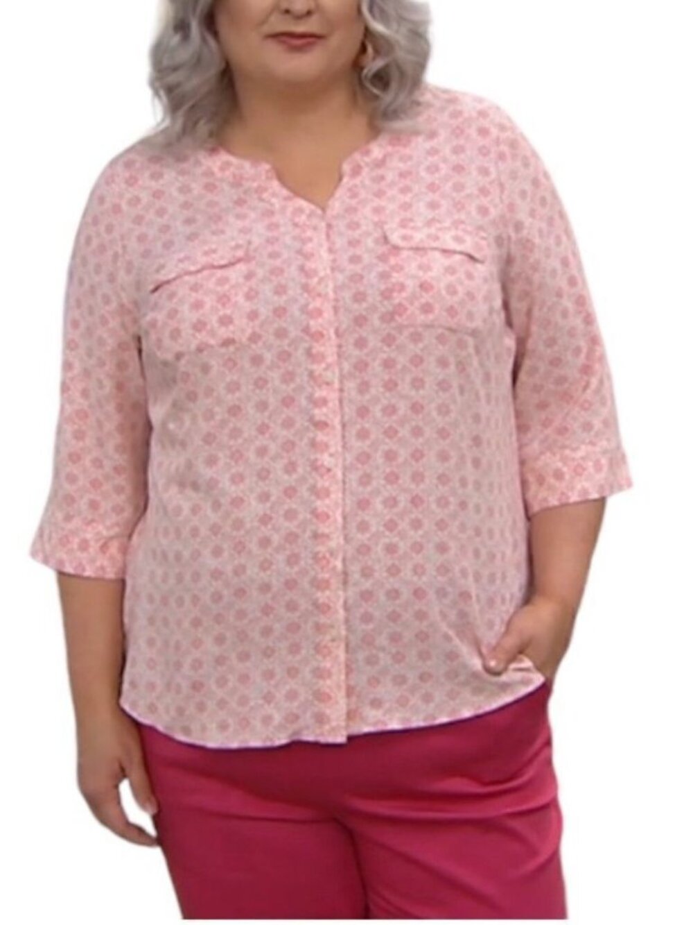 Denim & Co. Printed Y-Neck 3/4-Sleeve Blouse